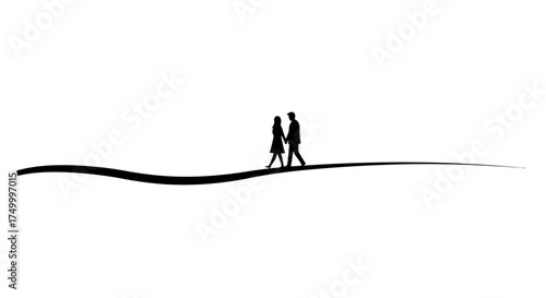Couple walking together under umbrella silhouette minimalist artistic line art landscape represents love partnership journey isolated on white background