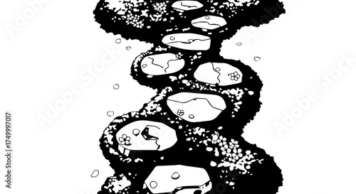 Black and White Winding Stone Path with Irregular Stepping Stones and Foliage.