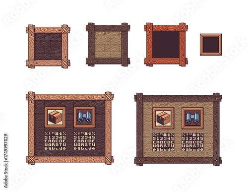 Pixel art collection of wooden frames and game interface panels in different styles and colors. Wood textures, metal bolts, and decorative details, for retro RPG, adventure, or crafting games.