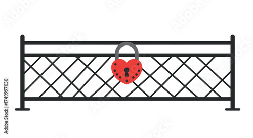 Romantic heart shaped love lock secured to decorative metal fence symbolizing eternal commitment and lasting affection outdoors isolated on white background