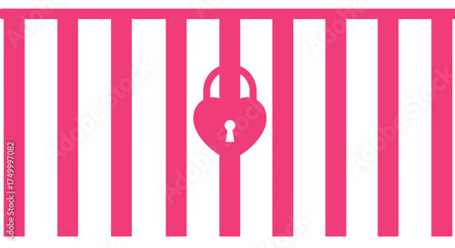 Pink heart shaped padlock securing vertical jail bars symbolizing love freedom restriction and security concept isolated on white background