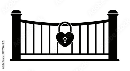 Heart shaped lock secures ornate black iron garden gate symbolizing love security protection privacy and entry access isolated on white background
