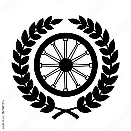 Black Bicycle Wheel with Spokes and Laurel Wreath Symbol on White Background.