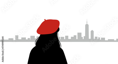 Woman in red beret silhouetted against iconic new york city skyline view isolated on white background