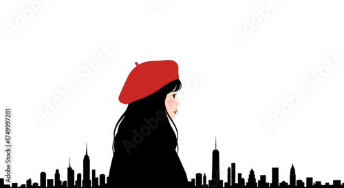 Silhouette of a person with a red beret against a cityscape with skyscrapers under a bright sky isolated on white background