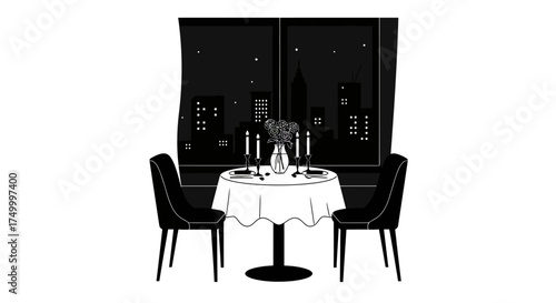 Romantic dining setup two chairs tablecloth candles place settings elegant evening restaurant ambiance sophisticated table for two intimate dinner date setting isolated on white background