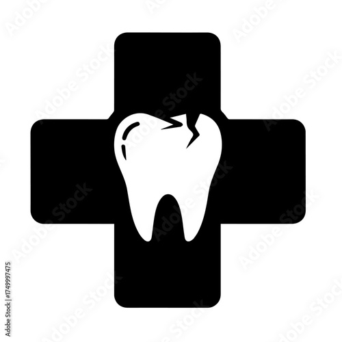 Black Cross Symbol with White Cracked Tooth, Dental Health Icon.