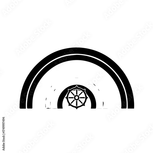 Black Dharma Wheel Symbol Inside Arched Structures Simple Design.