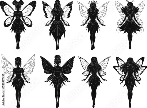 Fantasy fairy silhouettes with unique wings, magical creatures, mystical design, enchanted characters, vector illustration, mythical art, Christmas zombie