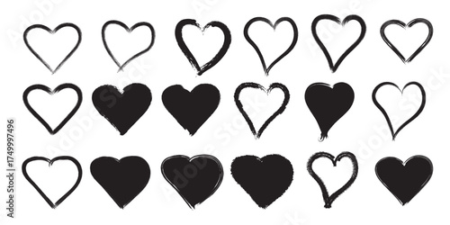 Collection of hand drawn hearts in various styles and filled or outlined on a white background representing love and affection