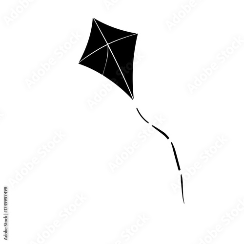 Black Diamond-Shaped Kite with White Lines and Flowing Tail, Isolated.