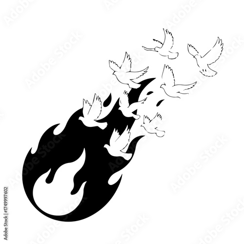 Black Flame with White Doves Ascending Symbolic of Transformation and Hope.