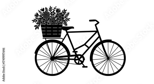 Charming black and white bicycle silhouette with abundant flowers in basket simple vintage design for creative projects isolated on white background