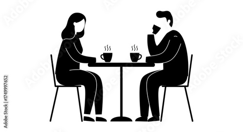 Couple enjoying coffee at a table duo conversation serenity cafe ambiance relaxation moment silhouette figures sharing hot drinks simple minimalist line art style. isolated on white background