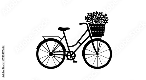 Charming silhouette of a bicycle with a basket full of flowers evoking nostalgia and outdoor adventure isolated on white background