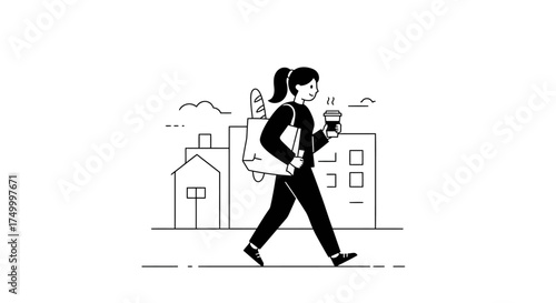 Active woman walking city street with buildings and trees in sketchy line art style healthy lifestyle concept isolated on white background