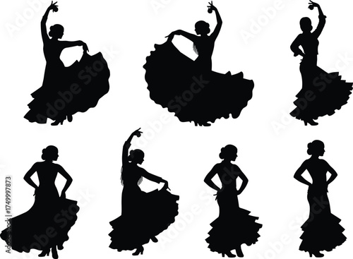 Flamenco dancer silhouettes in traditional dress, Spanish dance poses, cultural performance art, elegant movement illustration, vector design, Christmas zombie