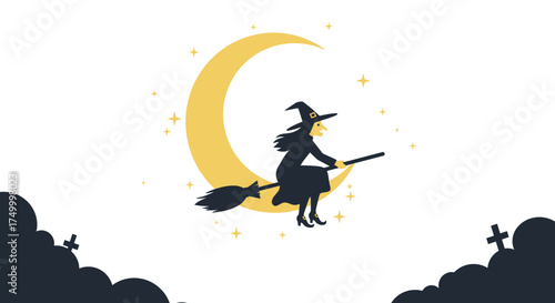 Spooky witch flying broomstick crescent moon halloween night silhouette festive spells magic celebration autumn sky spooky holiday enchanted atmosphere isolated on white background