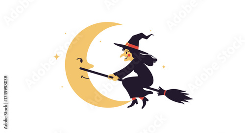 Whimsical witch flying broomstick crescent moon festive halloween celebration spooky holiday magic fantasy adventure isolated on white background