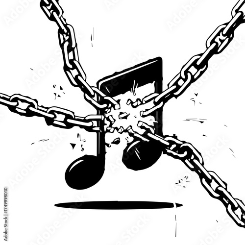 Black Musical Note Symbol Shattering Enchained by Metal Chains Artistic Concept.