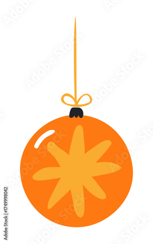 Christmas ornament, tree decoration, bauble, ball isolated on transparent. Hand drawn flat vector illustration. Traditional holiday, Xmas, New Year, seasonal design element, clip art