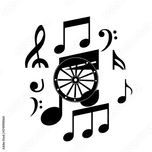 Black Musical Notes and Wheel Symbolizing Music and Sound Composition.