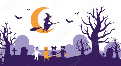 Whimsical halloween scene with children in costumes trick-or-treating under a crescent moon with a witch flying by surrounded by spooky trees and bats. isolated on white background