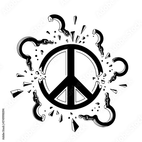 Black Peace Symbol Shattering with Broken Pieces and Surrounding Keys.