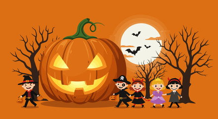 Crédence de cuisine  Spooky halloween scene with jack-o'-lantern children in costumes under a full moon with bare trees isolated on white background  © Hridoy
