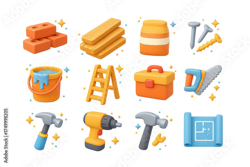 3D Building Materials Icons. Building materials. 3D icons set of building materials: bricks, wooden planks, cement bag, nails, screws, paint bucket, ladder,