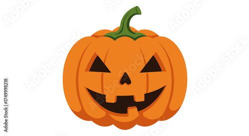 Joyful orange jack o lantern halloween pumpkin with carved spooky face and green stem isolated isolated on white background