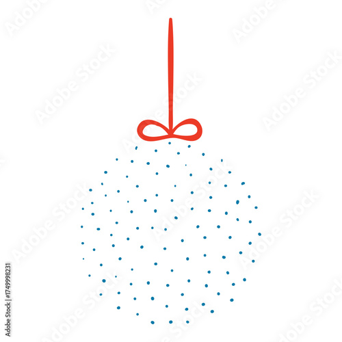 Christmas bauble hanging on ribbon, falling snow isolated on transparent. Hand drawn flat vector illustration. Traditional Christmas, New Year, seasonal design element, holiday clip art
