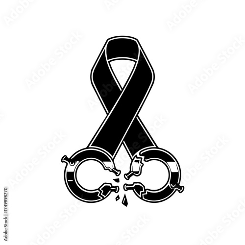 Black Ribbon Symbol with Broken Cuffs Representing Freedom and Solidarity.