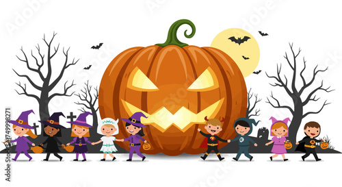 Whimsical halloween scene featuring a giant jack-o'-lantern surrounded by adorable costumed children and spooky trees isolated on white background