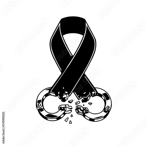 Black Ribbon Symbol with Broken Handcuffs Representing Freedom and Justice.