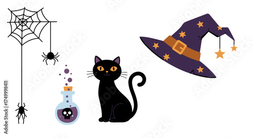 Magical halloween elements a black cat spiderweb potion and witch hat for spooky festive holiday celebrations and decorations vector