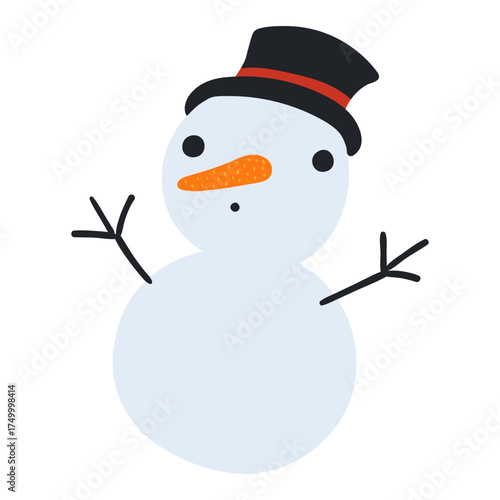 Snowman in top hat, with carrot nose isolated on transparent. Hand drawn flat vector illustration. Cute cartoon character. Traditional Christmas, New Year, seasonal design element, holiday clip art