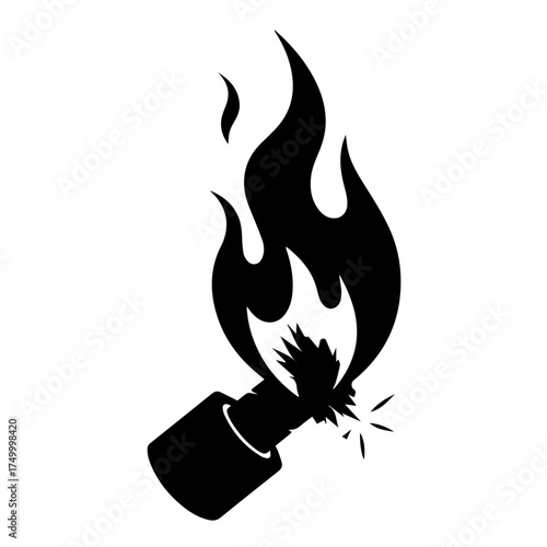 Black Silhouette Illustration of a Burning Molotov Cocktail with Flames.