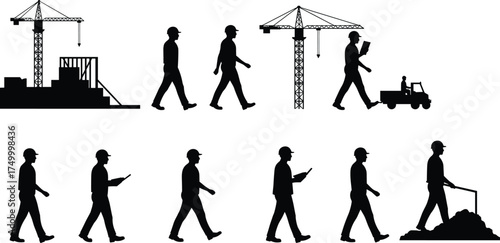 Construction workers silhouettes with cranes, vehicles, supervision, teamwork collaboration, safety helmet labor, engineering project, industrial development, building site, structural foundation work