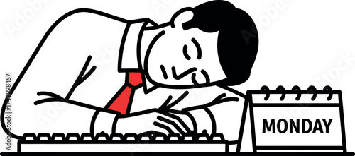 Tired Employee Sleeping at Desk on Monday.