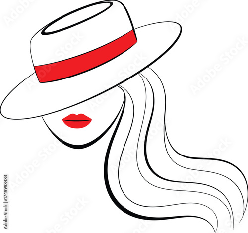 Elegant Woman's Face with Hat and Red Lips