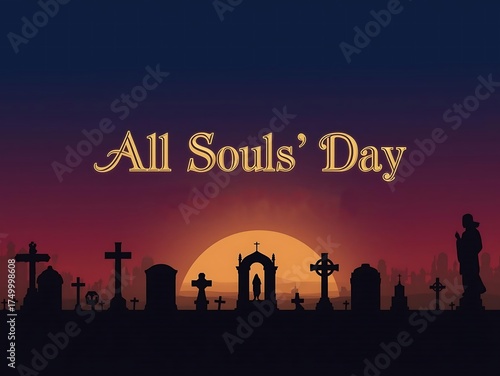 Illustration of silhouette of a cemetery with crosses and tombstones at sunset for all souls day celebration