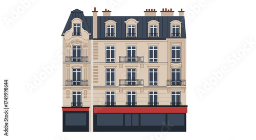 Classic parisian apartment building facade architectural detail with ornate windows balconies and mansard roof showcasing european urban charm vector