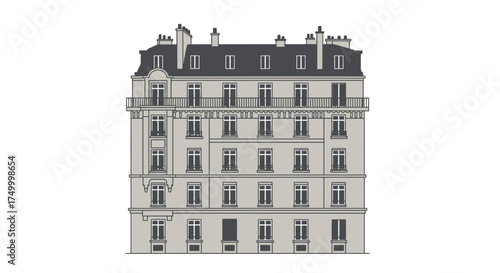 Elegant parisian apartment building facade architectural drawing with mansard roof and balconies european cityscape design element vector