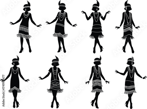 Flapper women silhouettes, 1920s fashion, roaring twenties dancers, vintage style illustration, jazz age culture, elegant dresses, pearls, feathers, retro vector art