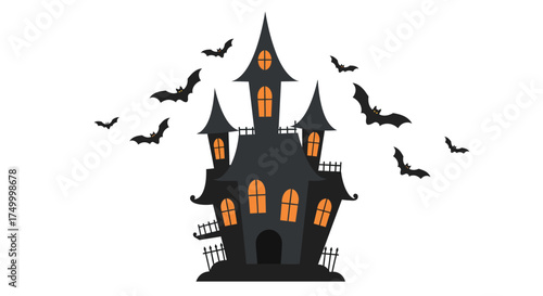 Spooky haunted mansion with flying bats eerie orange glow illuminates windows for halloween night celebration festive atmosphere vector