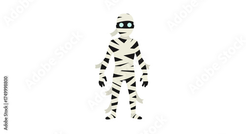 Cute mummy character standing wrapped in bandages with dark eye mask ready for halloween spooky fun and trick-or-treating adventures vector