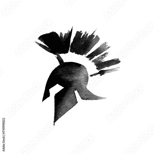 Black watercolor brushstroke ancient warrior helmet illustration. Stylized Greek crested helmet icon for strength, history, power.