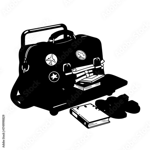 Black Vintage Suitcase with Patches, Open, Holding Books, and Handle.