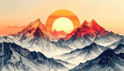 Mountain landscape with rising sun and red peaks